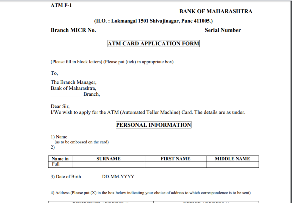 Bank of Maharashtra ATM Card Application Form