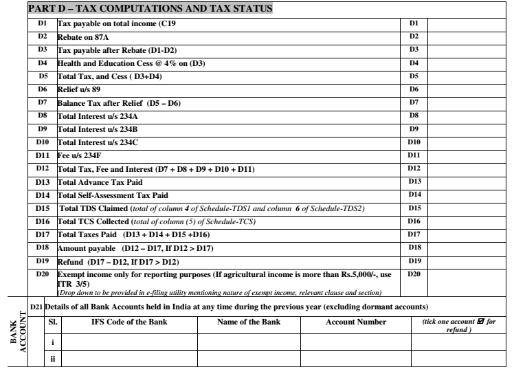 ITR 4 Form- Part D Tax Computation and Tax Status